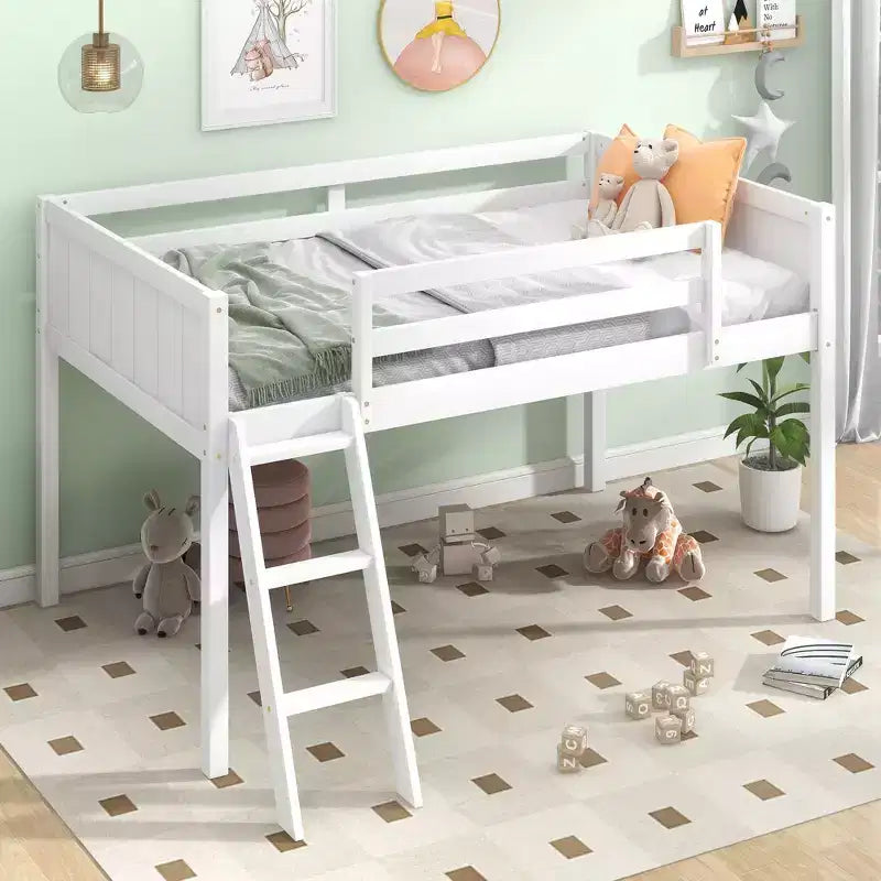 Okak Twin/Full Size Solid Wood Bunk Bed Low Loft Bunk Bed with Convertible Ladder Left/Right & Safety Guardrail for Kids Teens, Easy Assemble
