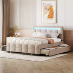 Okak Queen Elegant Platform Bed Frame with Upholstered and LED Frame No Box Spring Needed Linen Fabric Bed with Twin XL Trundle & 2 Drawers
