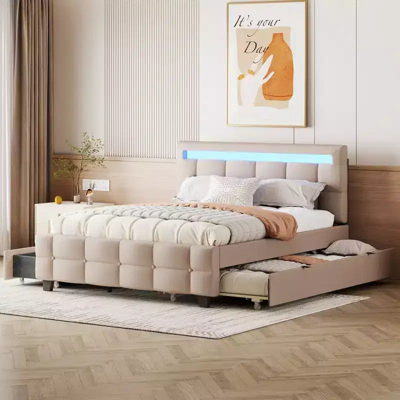 Okak Queen Elegant Platform Bed Frame with Upholstered and LED Frame No Box Spring Needed Linen Fabric Bed with Twin XL Trundle & 2 Drawers