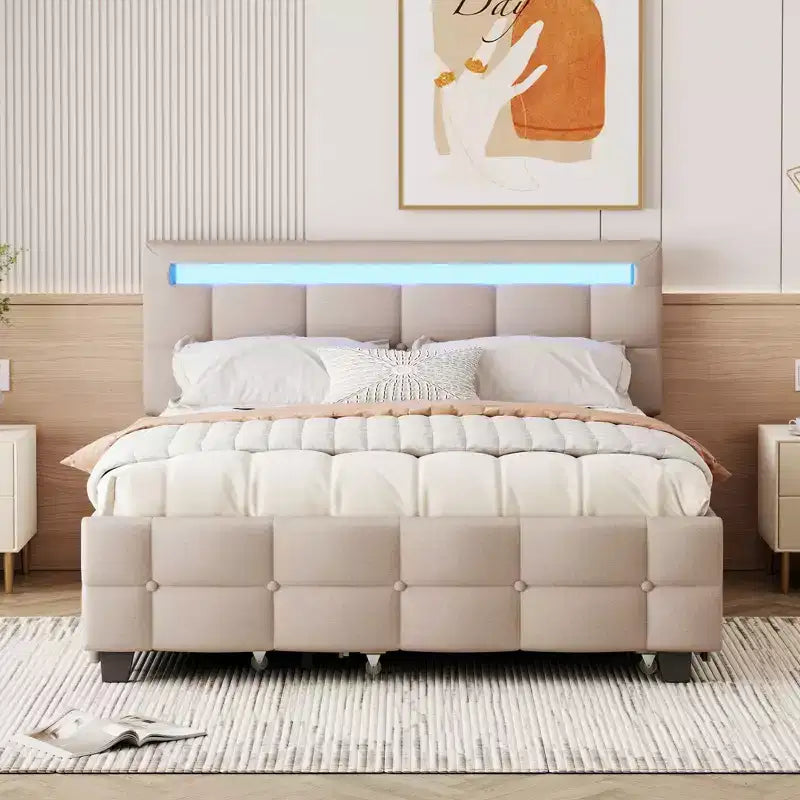 Okak Queen Elegante Giroletto con Piattaforma Imbottito e Telaio a LED, Nessuna Base a Molle Necessaria, Letto in Tessuto di Lino con Rotelle XL Singolo e 2 Cassetti