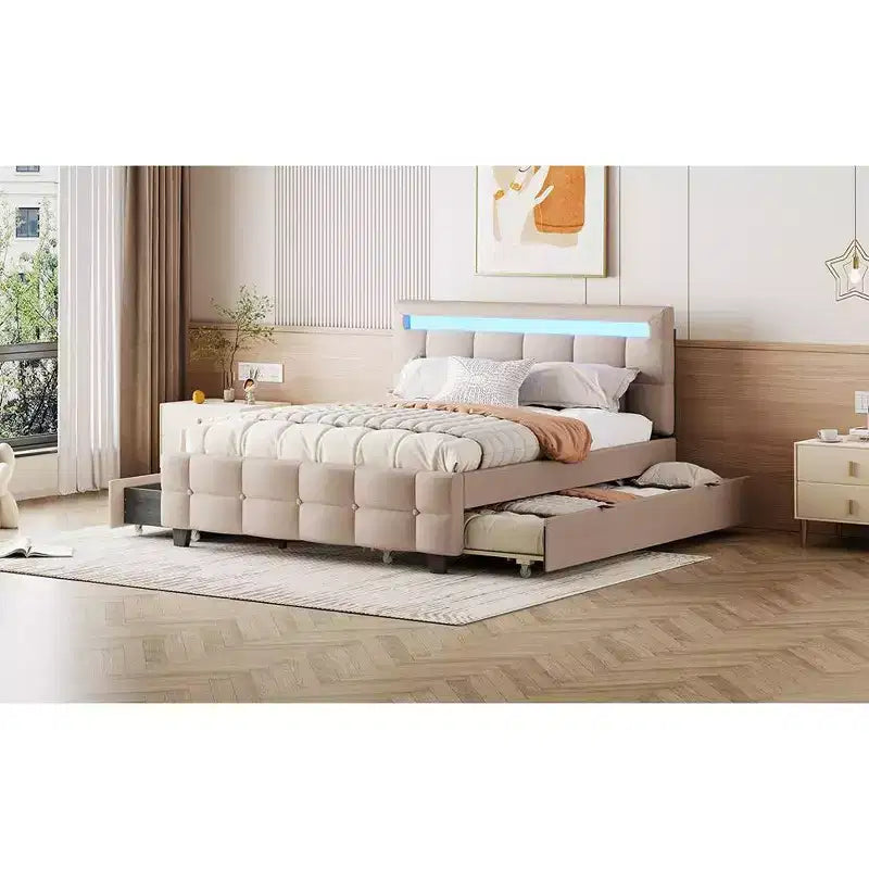 Okak Queen Elegante Giroletto con Piattaforma Imbottito e Telaio a LED, Nessuna Base a Molle Necessaria, Letto in Tessuto di Lino con Rotelle XL Singolo e 2 Cassetti
