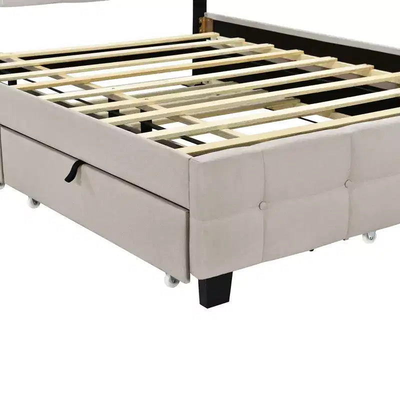Okak Queen Elegante Giroletto con Piattaforma Imbottito e Telaio a LED, Nessuna Base a Molle Necessaria, Letto in Tessuto di Lino con Rotelle XL Singolo e 2 Cassetti