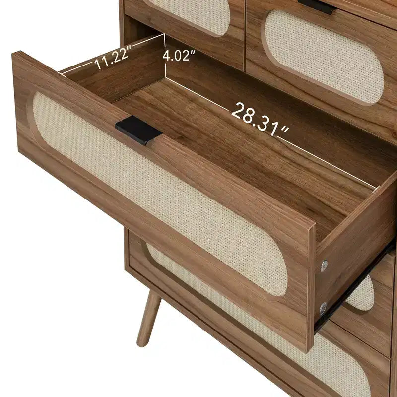 Cassettiere da camera Okak Mid Century a 5 cassetti, mobile contenitore con accenti, comò per camera da letto/soggiorno/ingresso/studio