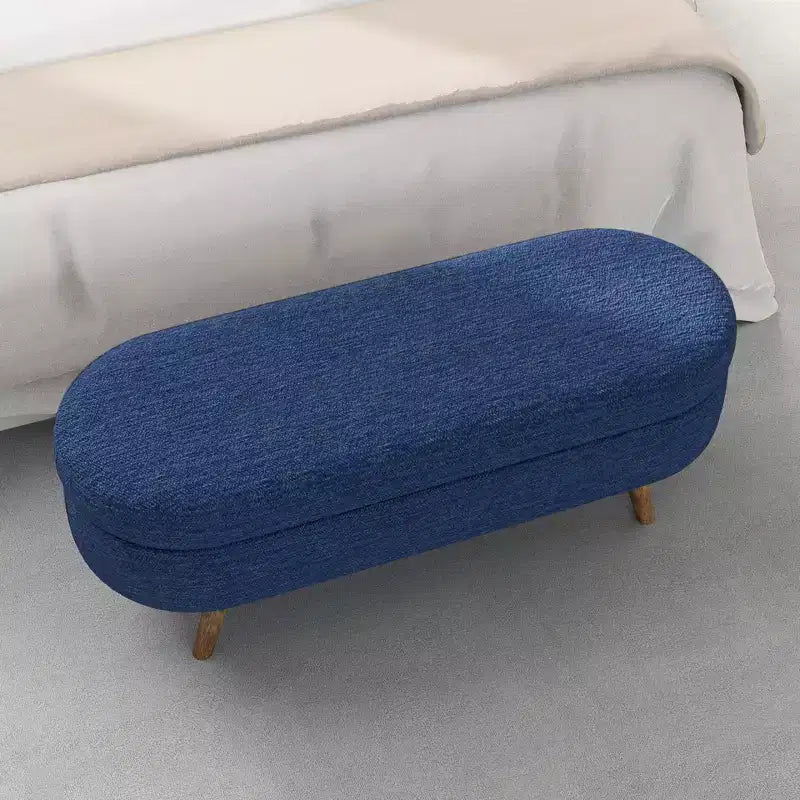 Panca Pouf Contenitore Ovale Okak Modern in Lino con Gambe in Legno di Gomma, Morbido Poggiapiedi Contenitore Lungo per Soggiorno, Ingresso, Camera da Letto
