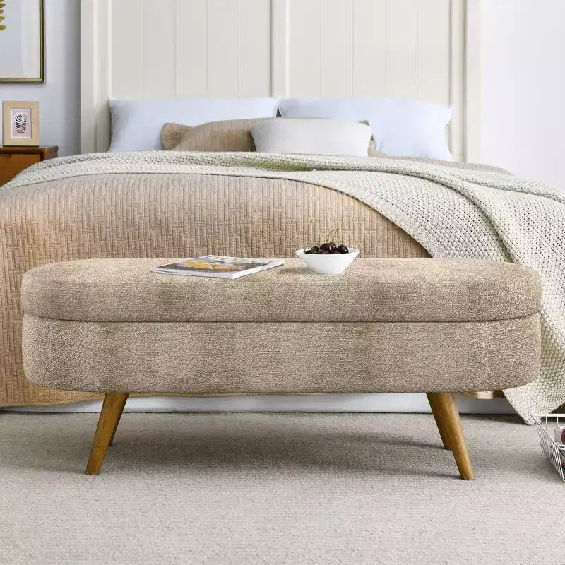 Panca Pouf Contenitore Ovale Okak Modern in Lino con Gambe in Legno di Gomma, Morbido Poggiapiedi Contenitore Lungo per Soggiorno, Ingresso, Camera da Letto