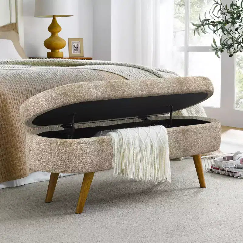 Panca Pouf Contenitore Ovale Okak Modern in Lino con Gambe in Legno di Gomma, Morbido Poggiapiedi Contenitore Lungo per Soggiorno, Ingresso, Camera da Letto