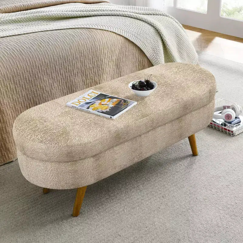 Panca Pouf Contenitore Ovale Okak Modern in Lino con Gambe in Legno di Gomma, Morbido Poggiapiedi Contenitore Lungo per Soggiorno, Ingresso, Camera da Letto