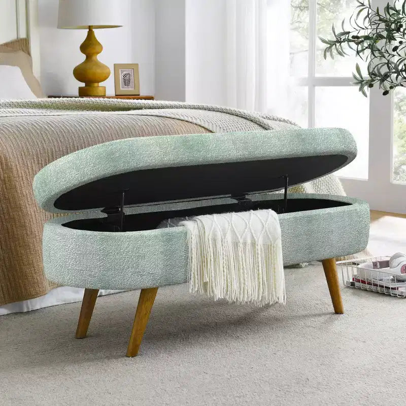 Panca Pouf Contenitore Ovale Okak Modern in Lino con Gambe in Legno di Gomma, Morbido Poggiapiedi Contenitore Lungo per Soggiorno, Ingresso, Camera da Letto