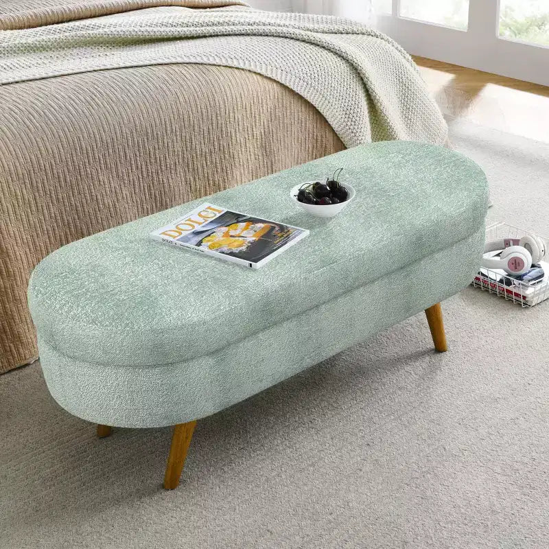 Panca Pouf Contenitore Ovale Okak Modern in Lino con Gambe in Legno di Gomma, Morbido Poggiapiedi Contenitore Lungo per Soggiorno, Ingresso, Camera da Letto