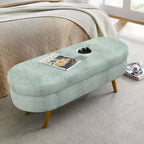 Panca Pouf Contenitore Ovale Okak Modern in Lino con Gambe in Legno di Gomma, Morbido Poggiapiedi Contenitore Lungo per Soggiorno, Ingresso, Camera da Letto