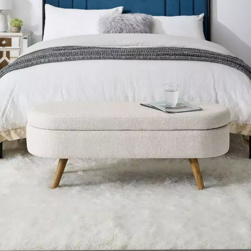 Panca Pouf Contenitore Ovale Okak Modern in Lino con Gambe in Legno di Gomma, Morbido Poggiapiedi Contenitore Lungo per Soggiorno, Ingresso, Camera da Letto