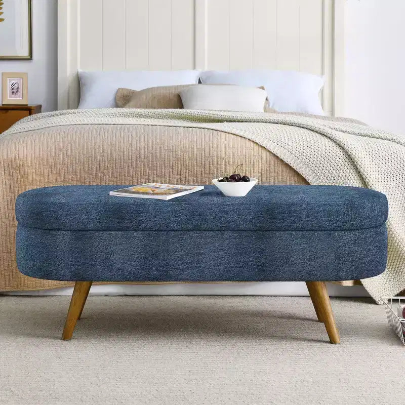 Panca Pouf Contenitore Ovale Okak Modern in Lino con Gambe in Legno di Gomma, Morbido Poggiapiedi Contenitore Lungo per Soggiorno, Ingresso, Camera da Letto