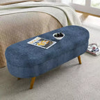 Panca Pouf Contenitore Ovale Okak Modern in Lino con Gambe in Legno di Gomma, Morbido Poggiapiedi Contenitore Lungo per Soggiorno, Ingresso, Camera da Letto