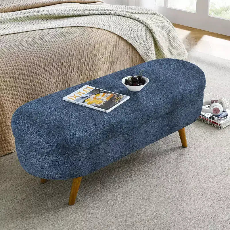 Panca Pouf Contenitore Ovale Okak Modern in Lino con Gambe in Legno di Gomma, Morbido Poggiapiedi Contenitore Lungo per Soggiorno, Ingresso, Camera da Letto