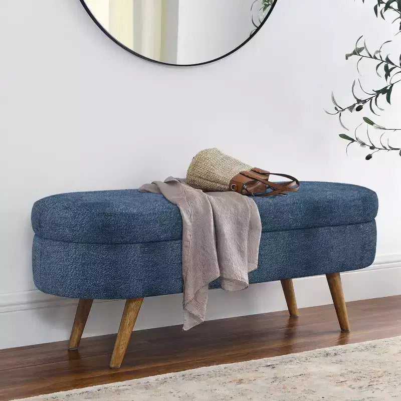 Panca Pouf Contenitore Ovale Okak Modern in Lino con Gambe in Legno di Gomma, Morbido Poggiapiedi Contenitore Lungo per Soggiorno, Ingresso, Camera da Letto