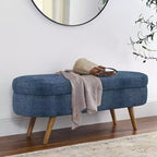Panca Pouf Contenitore Ovale Okak Modern in Lino con Gambe in Legno di Gomma, Morbido Poggiapiedi Contenitore Lungo per Soggiorno, Ingresso, Camera da Letto