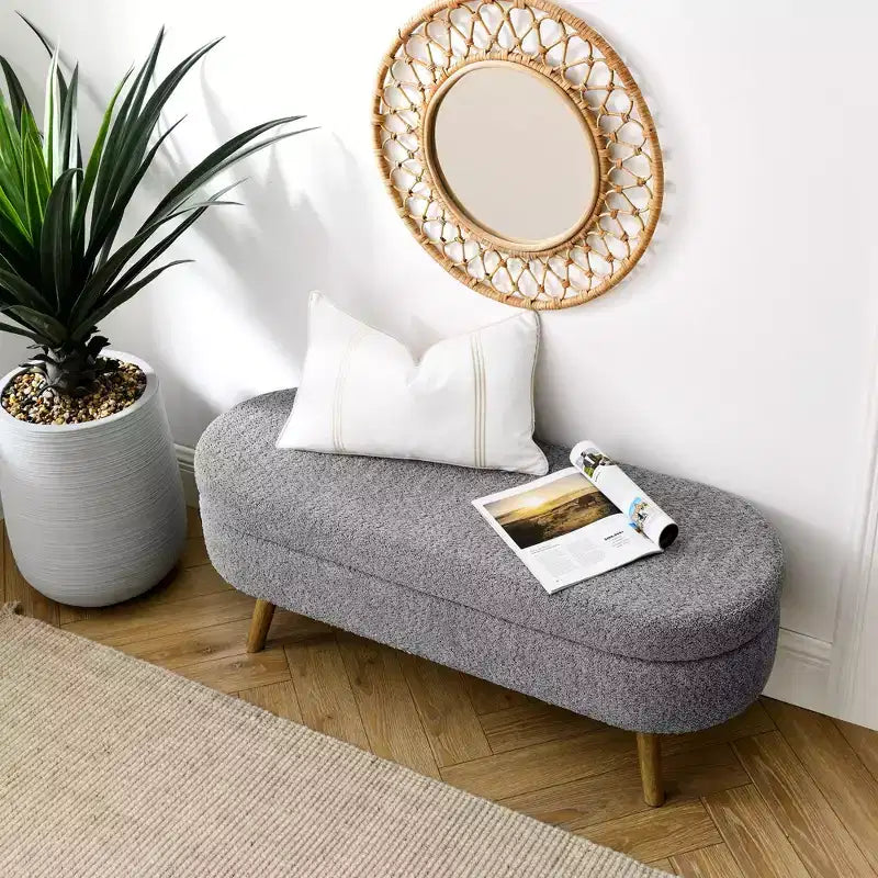 Panca Pouf Contenitore Ovale Okak Modern in Lino con Gambe in Legno di Gomma, Morbido Poggiapiedi Contenitore Lungo per Soggiorno, Ingresso, Camera da Letto