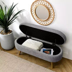 Panca Pouf Contenitore Ovale Okak Modern in Lino con Gambe in Legno di Gomma, Morbido Poggiapiedi Contenitore Lungo per Soggiorno, Ingresso, Camera da Letto