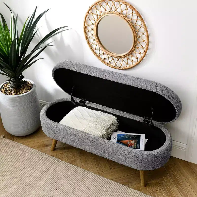 Panca Pouf Contenitore Ovale Okak Modern in Lino con Gambe in Legno di Gomma, Morbido Poggiapiedi Contenitore Lungo per Soggiorno, Ingresso, Camera da Letto