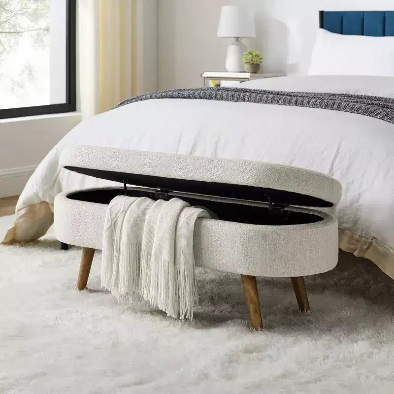Panca Pouf Contenitore Ovale Okak Modern in Lino con Gambe in Legno di Gomma, Morbido Poggiapiedi Contenitore Lungo per Soggiorno, Ingresso, Camera da Letto