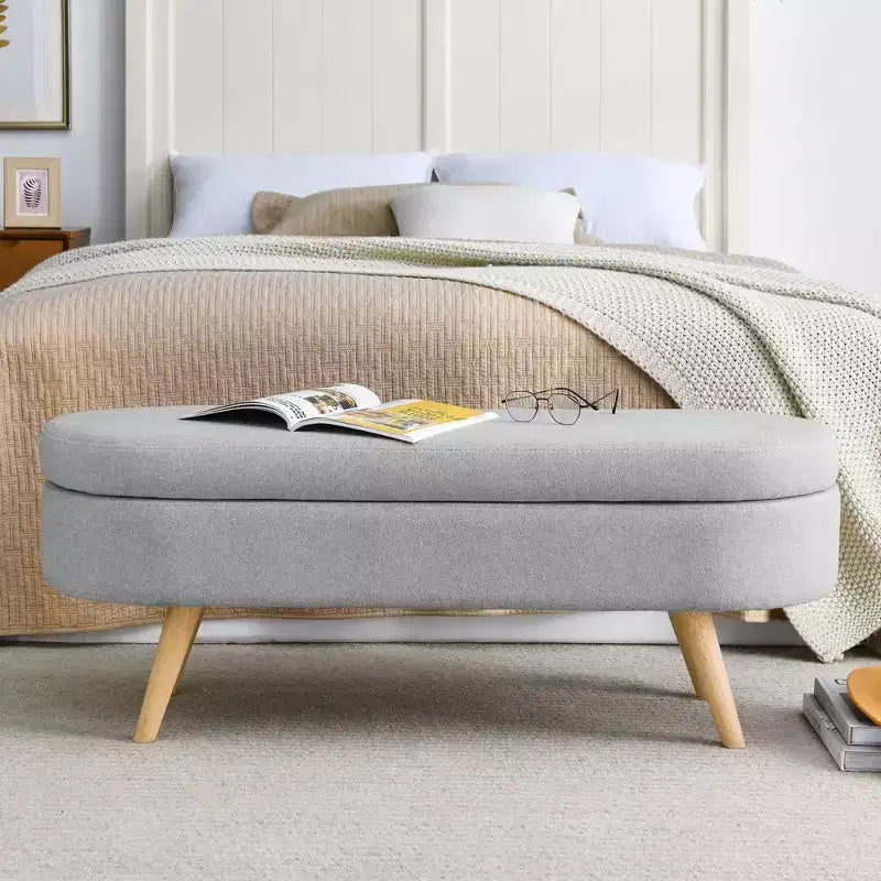 Panca Pouf Contenitore Ovale Okak Modern in Lino con Gambe in Legno di Gomma, Morbido Poggiapiedi Contenitore Lungo per Soggiorno, Ingresso, Camera da Letto