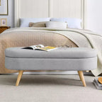 Panca Pouf Contenitore Ovale Okak Modern in Lino con Gambe in Legno di Gomma, Morbido Poggiapiedi Contenitore Lungo per Soggiorno, Ingresso, Camera da Letto