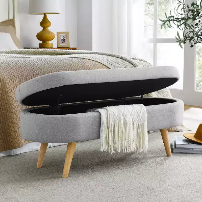Panca Pouf Contenitore Ovale Okak Modern in Lino con Gambe in Legno di Gomma, Morbido Poggiapiedi Contenitore Lungo per Soggiorno, Ingresso, Camera da Letto