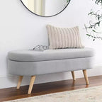 Panca Pouf Contenitore Ovale Okak Modern in Lino con Gambe in Legno di Gomma, Morbido Poggiapiedi Contenitore Lungo per Soggiorno, Ingresso, Camera da Letto