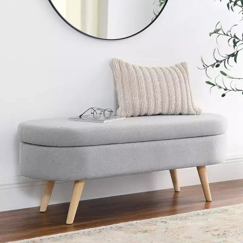 Panca Pouf Contenitore Ovale Okak Modern in Lino con Gambe in Legno di Gomma, Morbido Poggiapiedi Contenitore Lungo per Soggiorno, Ingresso, Camera da Letto