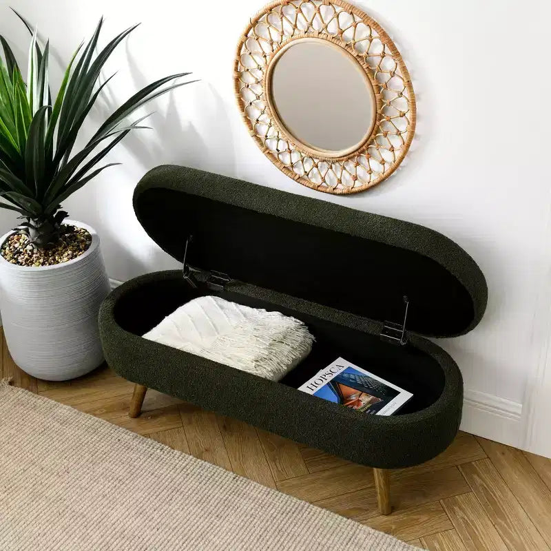 Panca Pouf Contenitore Ovale Okak Modern in Lino con Gambe in Legno di Gomma, Morbido Poggiapiedi Contenitore Lungo per Soggiorno, Ingresso, Camera da Letto