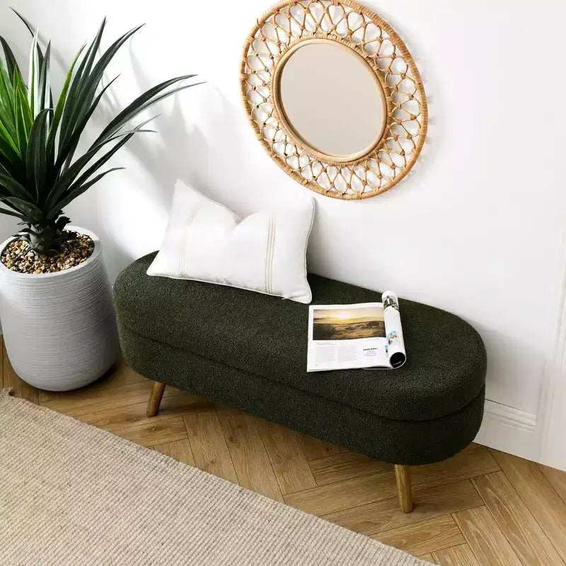 Panca Pouf Contenitore Ovale Okak Modern in Lino con Gambe in Legno di Gomma, Morbido Poggiapiedi Contenitore Lungo per Soggiorno, Ingresso, Camera da Letto