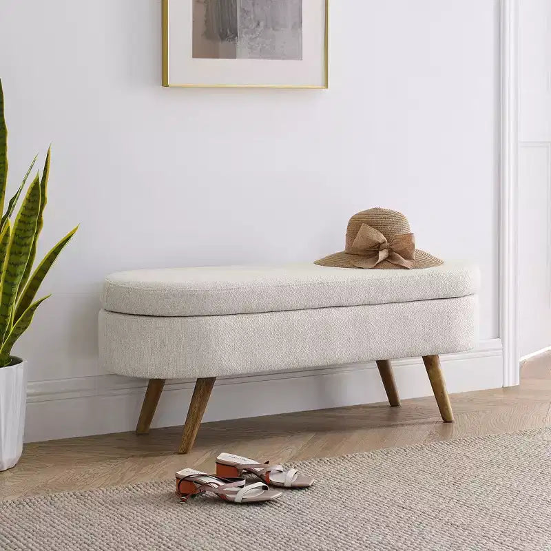 Panca Pouf Contenitore Ovale Okak Modern in Lino con Gambe in Legno di Gomma, Morbido Poggiapiedi Contenitore Lungo per Soggiorno, Ingresso, Camera da Letto
