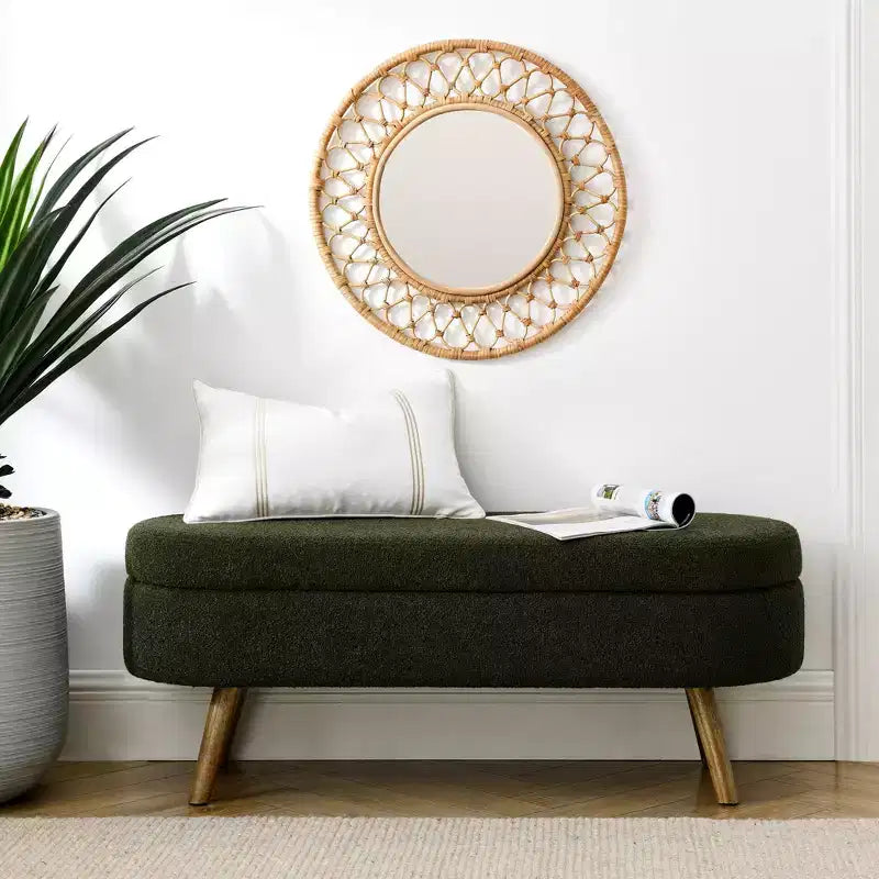 Panca Pouf Contenitore Ovale Okak Modern in Lino con Gambe in Legno di Gomma, Morbido Poggiapiedi Contenitore Lungo per Soggiorno, Ingresso, Camera da Letto