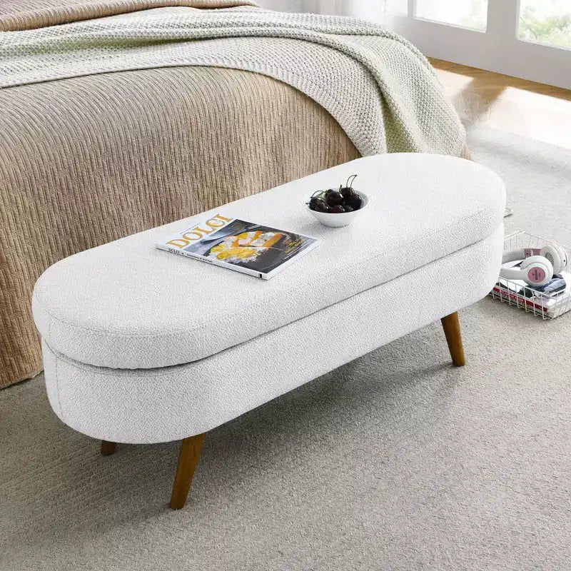 Panca Pouf Contenitore Ovale Okak Modern in Lino con Gambe in Legno di Gomma, Morbido Poggiapiedi Contenitore Lungo per Soggiorno, Ingresso, Camera da Letto