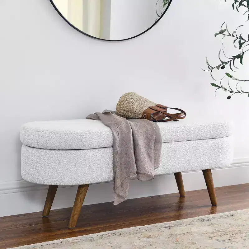 Panca Pouf Contenitore Ovale Okak Modern in Lino con Gambe in Legno di Gomma, Morbido Poggiapiedi Contenitore Lungo per Soggiorno, Ingresso, Camera da Letto