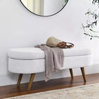 Panca Pouf Contenitore Ovale Okak Modern in Lino con Gambe in Legno di Gomma, Morbido Poggiapiedi Contenitore Lungo per Soggiorno, Ingresso, Camera da Letto