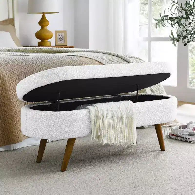 Panca Pouf Contenitore Ovale Okak Modern in Lino con Gambe in Legno di Gomma, Morbido Poggiapiedi Contenitore Lungo per Soggiorno, Ingresso, Camera da Letto