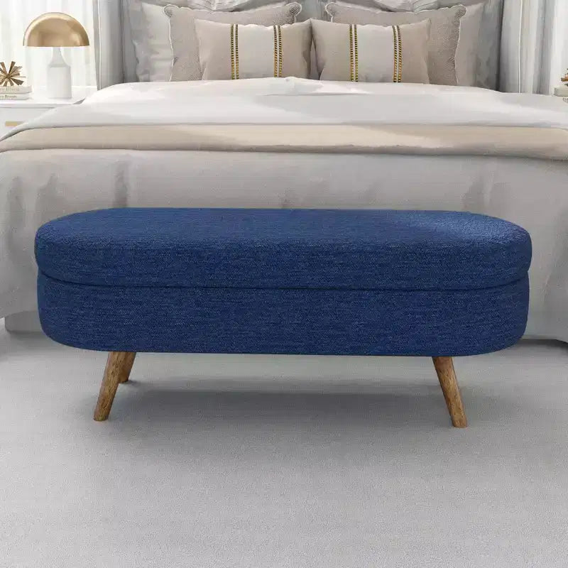 Panca Pouf Contenitore Ovale Okak Modern in Lino con Gambe in Legno di Gomma, Morbido Poggiapiedi Contenitore Lungo per Soggiorno, Ingresso, Camera da Letto