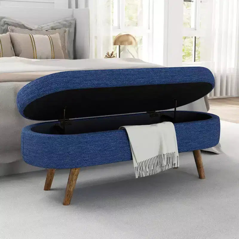 Panca Pouf Contenitore Ovale Okak Modern in Lino con Gambe in Legno di Gomma, Morbido Poggiapiedi Contenitore Lungo per Soggiorno, Ingresso, Camera da Letto