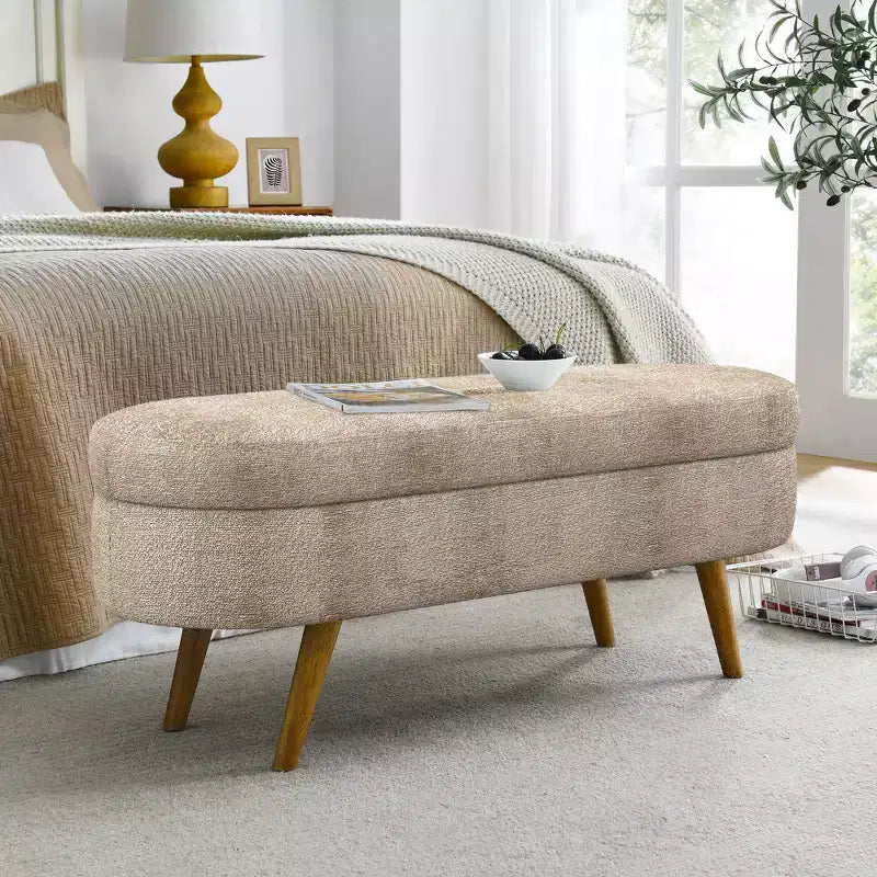 Panca Pouf Contenitore Ovale Okak Modern in Lino con Gambe in Legno di Gomma, Morbido Poggiapiedi Contenitore Lungo per Soggiorno, Ingresso, Camera da Letto