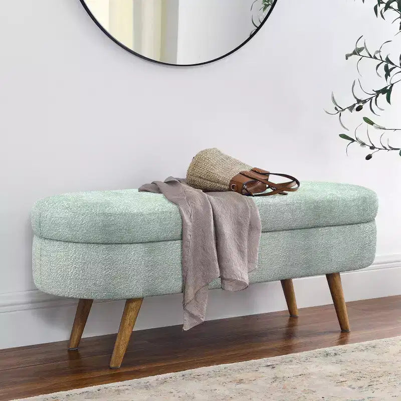 Panca Pouf Contenitore Ovale Okak Modern in Lino con Gambe in Legno di Gomma, Morbido Poggiapiedi Contenitore Lungo per Soggiorno, Ingresso, Camera da Letto