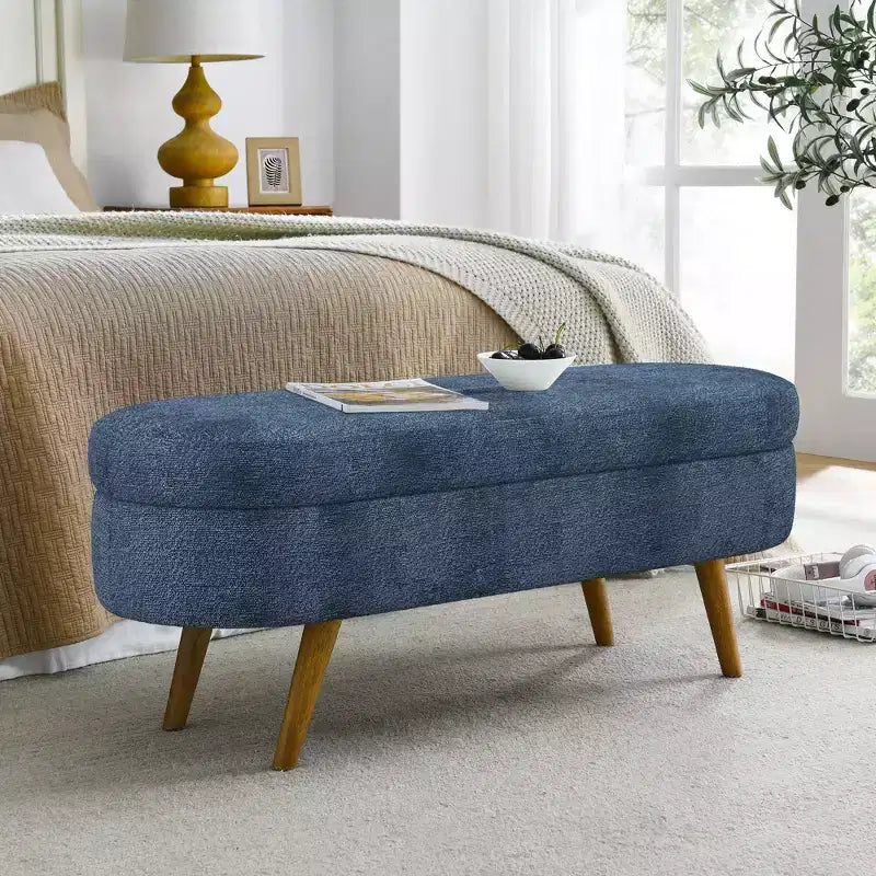 Panca Pouf Contenitore Ovale Okak Modern in Lino con Gambe in Legno di Gomma, Morbido Poggiapiedi Contenitore Lungo per Soggiorno, Ingresso, Camera da Letto