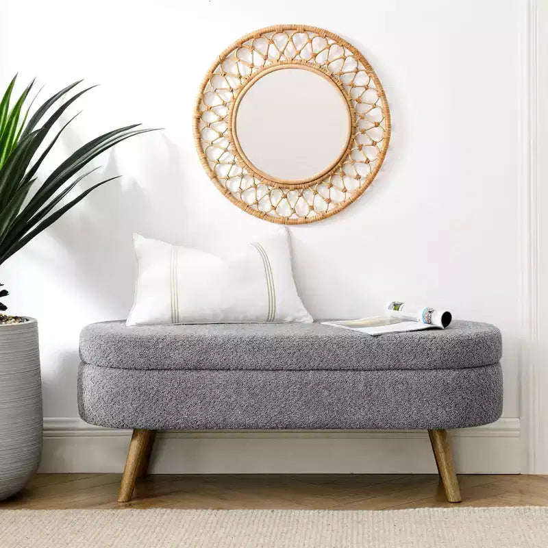 Panca Pouf Contenitore Ovale Okak Modern in Lino con Gambe in Legno di Gomma, Morbido Poggiapiedi Contenitore Lungo per Soggiorno, Ingresso, Camera da Letto