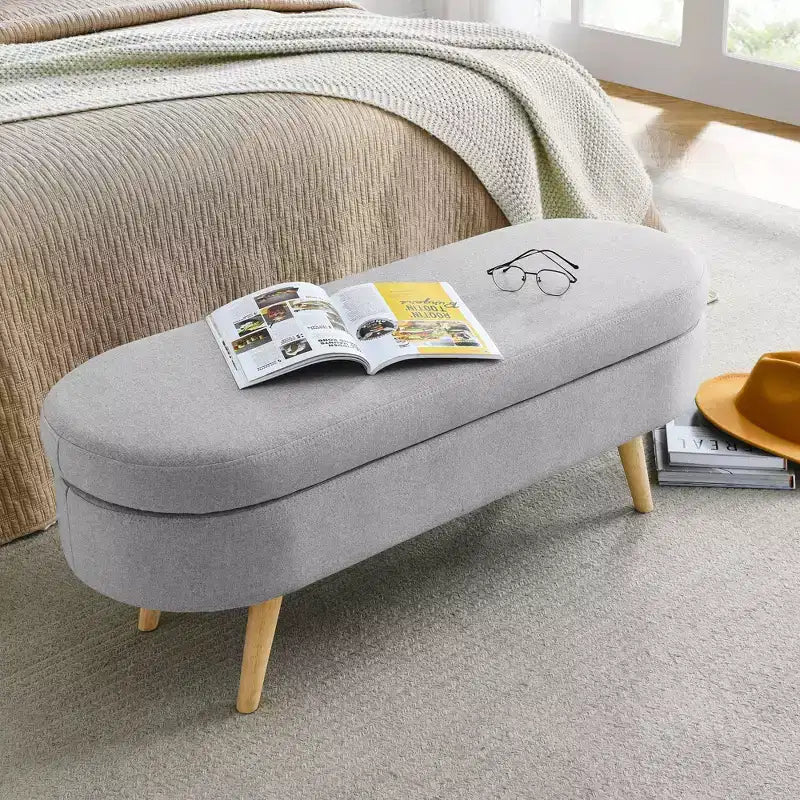 Panca Pouf Contenitore Ovale Okak Modern in Lino con Gambe in Legno di Gomma, Morbido Poggiapiedi Contenitore Lungo per Soggiorno, Ingresso, Camera da Letto