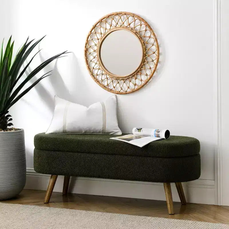 Panca Pouf Contenitore Ovale Okak Modern in Lino con Gambe in Legno di Gomma, Morbido Poggiapiedi Contenitore Lungo per Soggiorno, Ingresso, Camera da Letto