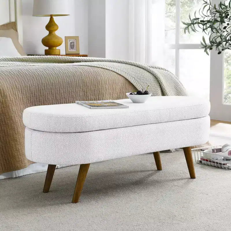 Panca Pouf Contenitore Ovale Okak Modern in Lino con Gambe in Legno di Gomma, Morbido Poggiapiedi Contenitore Lungo per Soggiorno, Ingresso, Camera da Letto