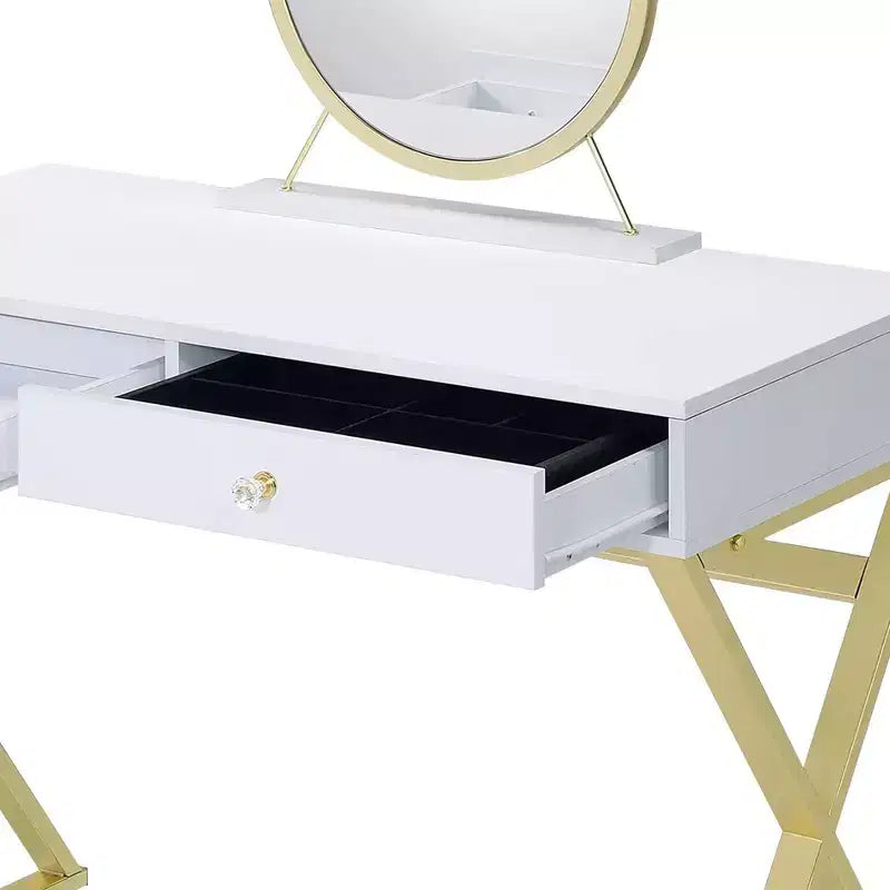 Coiffeuse contemporaine Okak avec miroir, coiffeuse de maquillage avec LED réglable, table de maquillage avec 7 tiroirs pour chambre à coucher