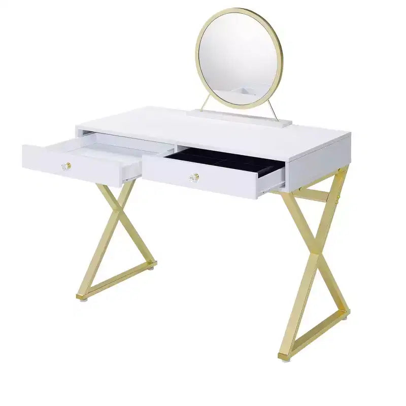 Coiffeuse contemporaine Okak avec miroir, coiffeuse de maquillage avec LED réglable, table de maquillage avec 7 tiroirs pour chambre à coucher