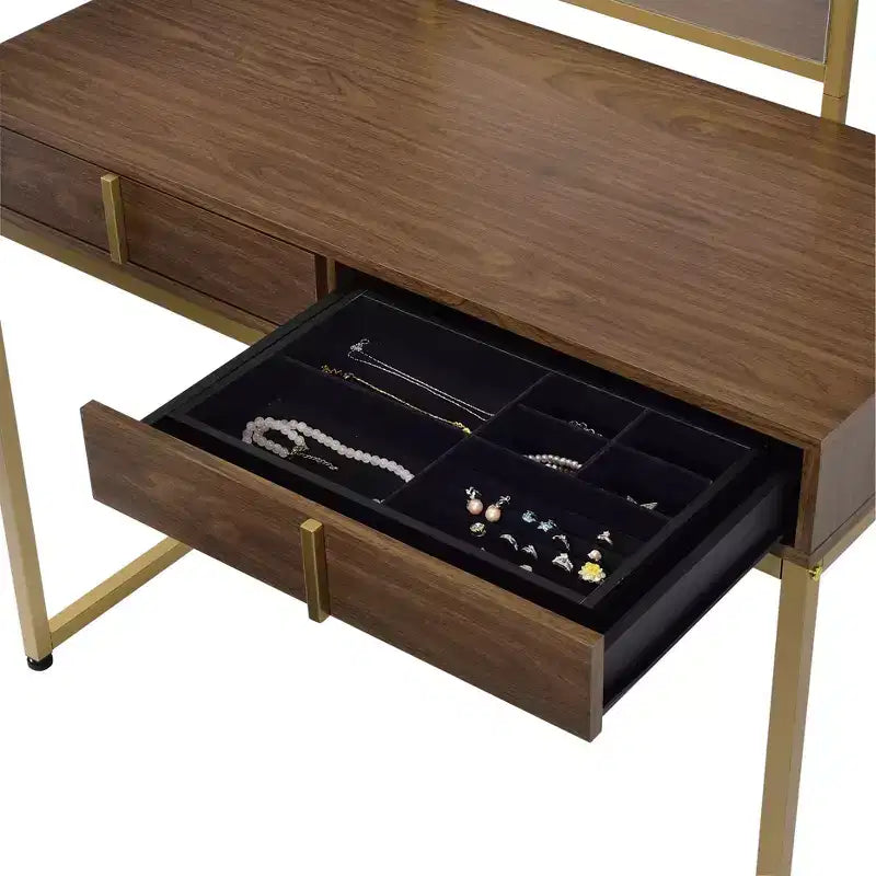Coiffeuse contemporaine Okak avec miroir, coiffeuse de maquillage avec LED réglable, table de maquillage avec 7 tiroirs pour chambre à coucher