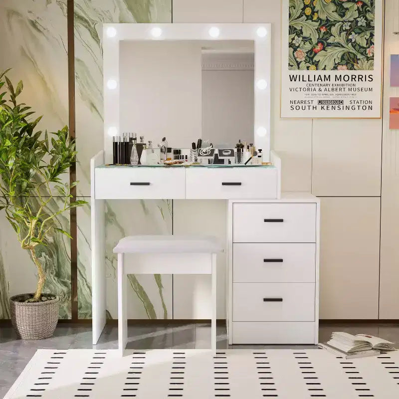 Coiffeuse contemporaine Okak avec miroir, coiffeuse de maquillage avec LED réglable, table de maquillage avec 7 tiroirs pour chambre à coucher